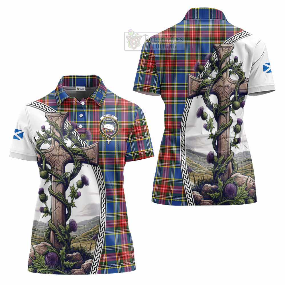 Tartan Vibes Clothing Bethune Tartan Women's Polo Shirt with Family Crest and St. Andrew's Cross Accented by Thistle Vines