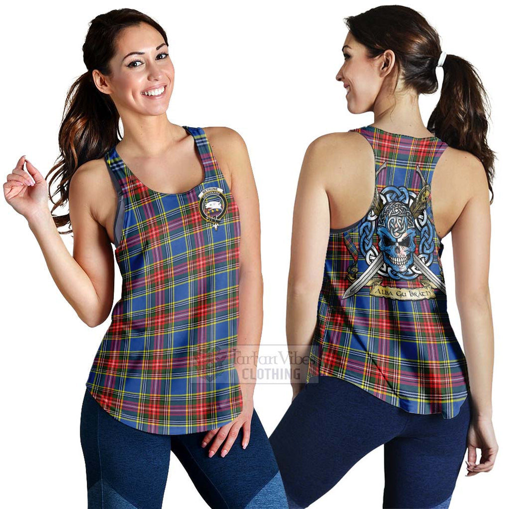 Tartan Vibes Clothing Bethune Tartan Women's Racerback Tanks with Family Crest Celtic Skull Style