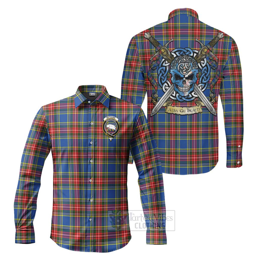 Tartan Vibes Clothing Bethune Tartan Long Sleeve Button Shirt with Family Crest Celtic Skull Style