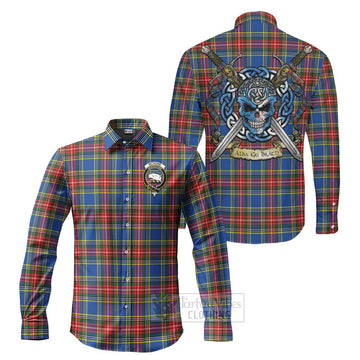 Bethune Tartan Long Sleeve Button Shirt with Family Crest Celtic Skull Style