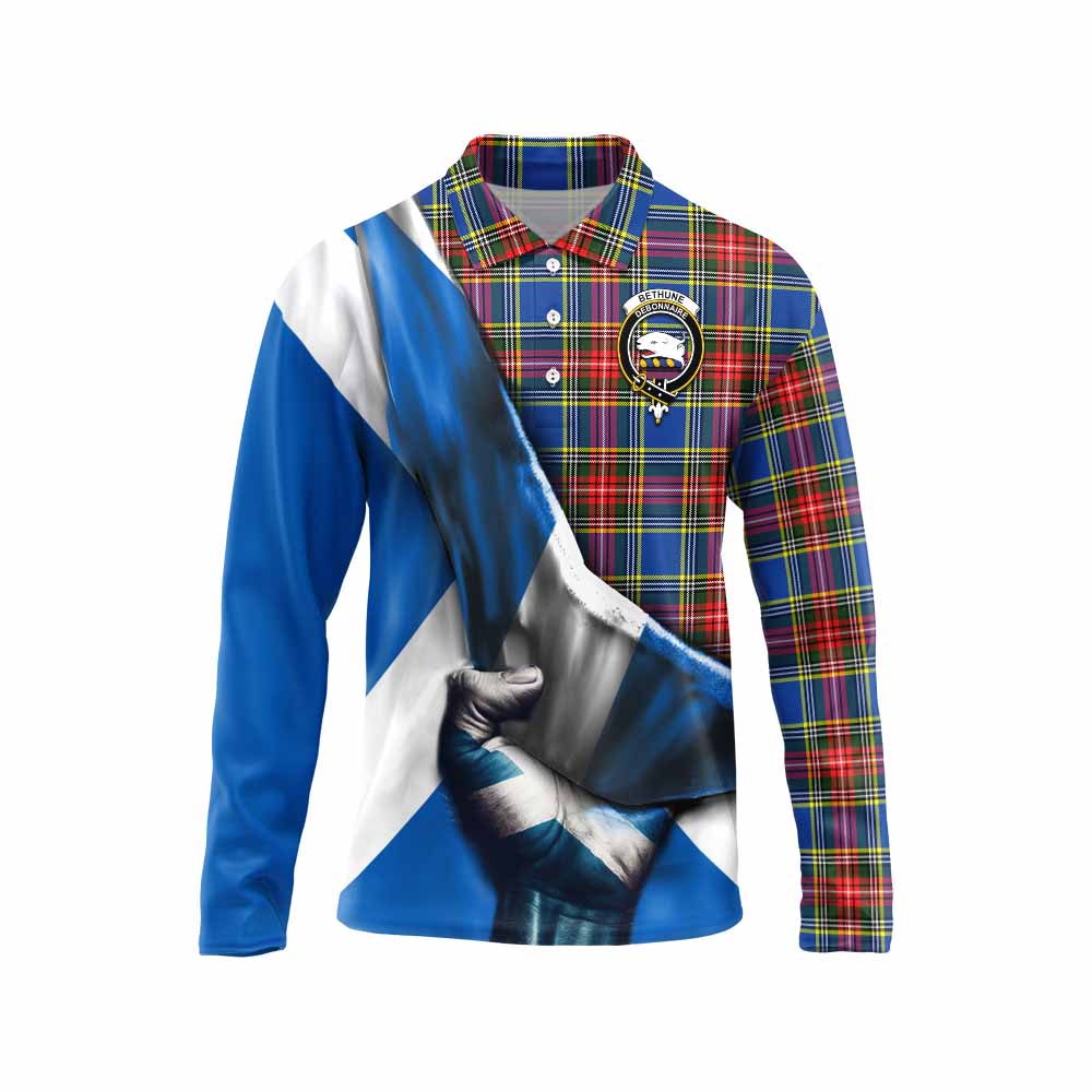 Tartan Vibes Clothing Bethune Tartan Long Sleeve Polo Shirt with Family Crest Scotland Patriotic Style