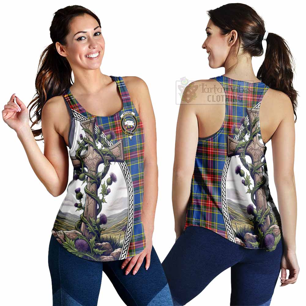 Tartan Vibes Clothing Bethune Tartan Women's Racerback Tanks with Family Crest and St. Andrew's Cross Accented by Thistle Vines