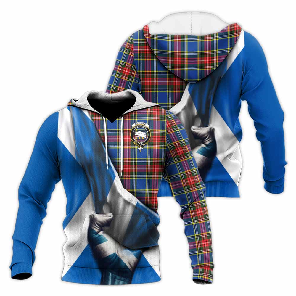 Tartan Vibes Clothing Bethune Tartan Knitted Hoodie with Family Crest Scotland Patriotic Style