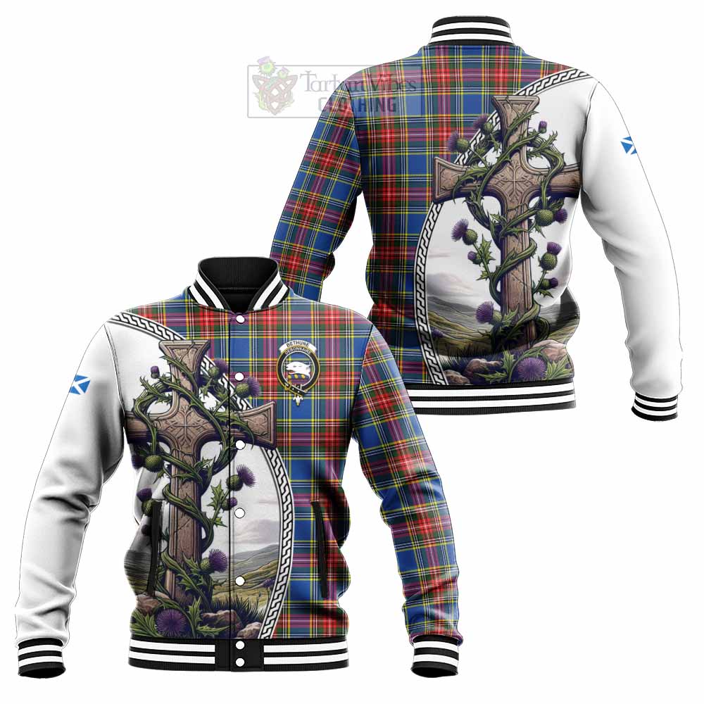 Tartan Vibes Clothing Bethune Tartan Baseball Jacket with Family Crest and St. Andrew's Cross Accented by Thistle Vines