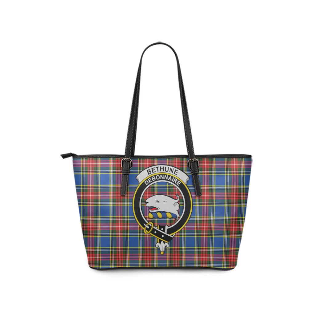 Bethune Tartan Leather Tote Bag with Family Crest - Tartanvibesclothing