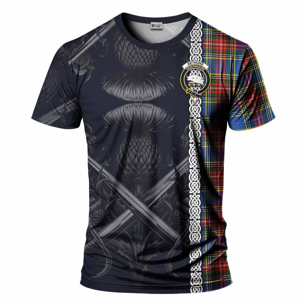 Tartan Vibes Clothing Bethune Tartan T-Shirt with Family Crest Cross Sword Thistle Celtic Vibes