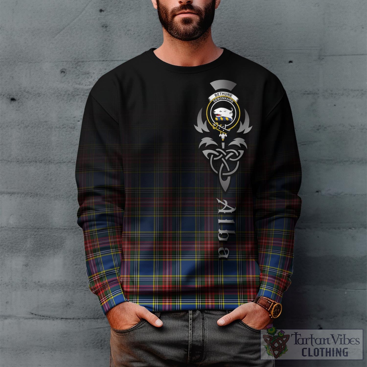 Tartan Vibes Clothing Bethune Tartan Sweatshirt Featuring Alba Gu Brath Family Crest Celtic Inspired