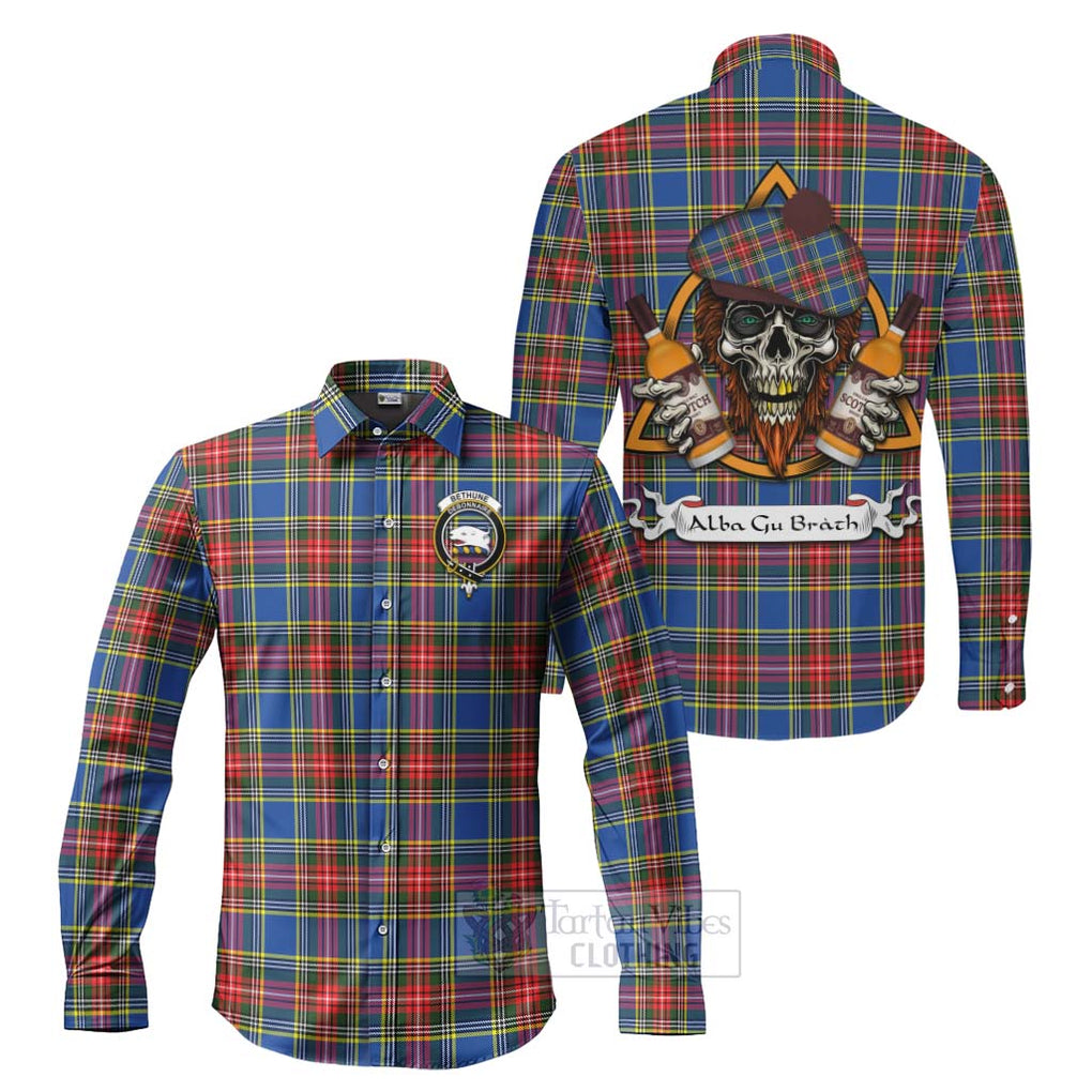 Tartan Vibes Clothing Bethune Tartan Long Sleeve Button Shirt with Family Crest and Bearded Skull Holding Bottles of Whiskey