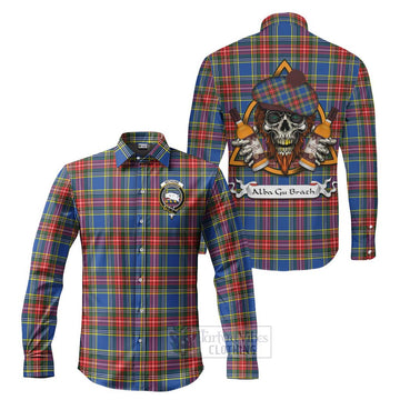 Bethune Tartan Long Sleeve Button Shirt with Family Crest and Bearded Skull Holding Bottles of Whiskey