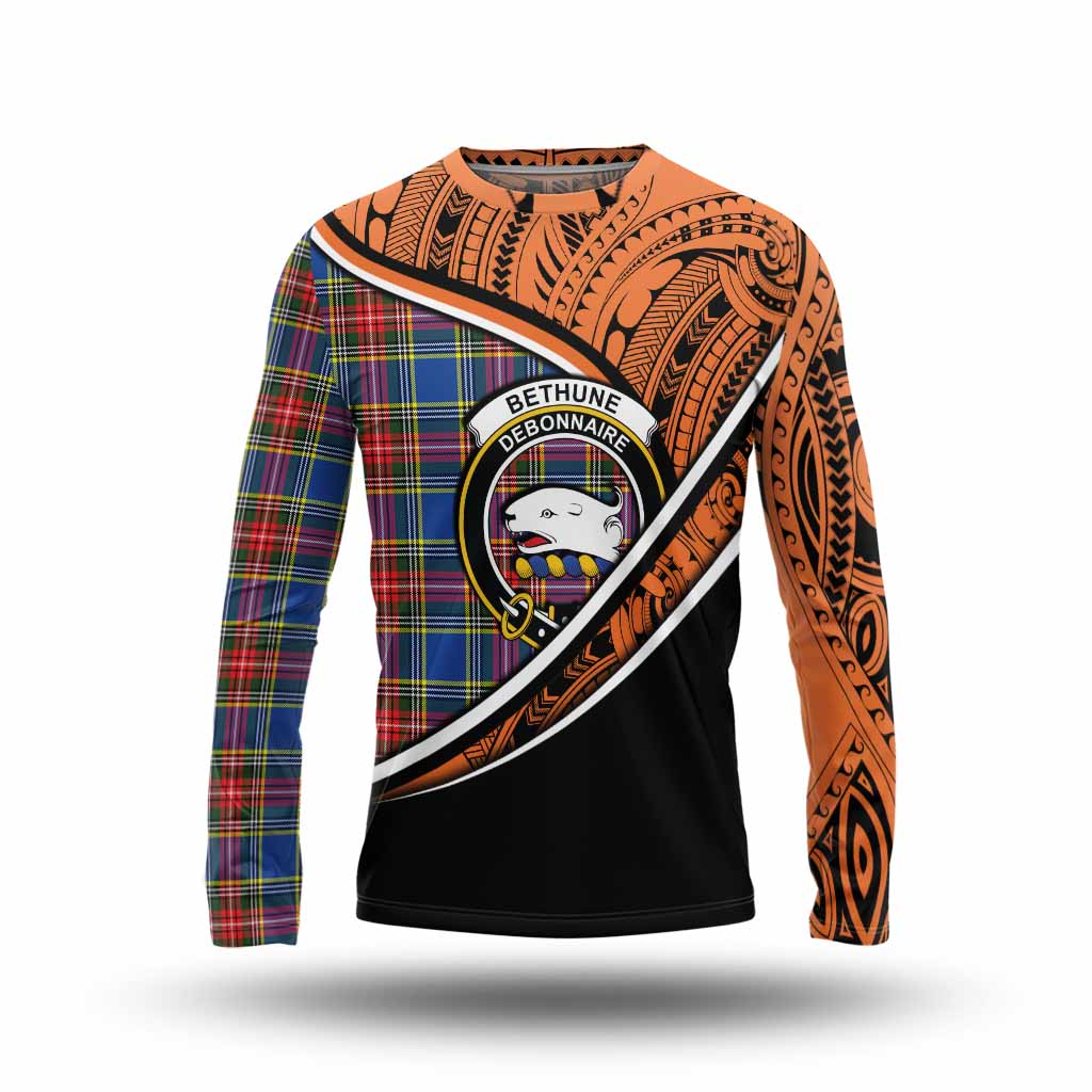 Tartan Vibes Clothing Bethune Crest Tartan Long Sleeve T-Shirt with Maori Tattoo Style - Orange Version