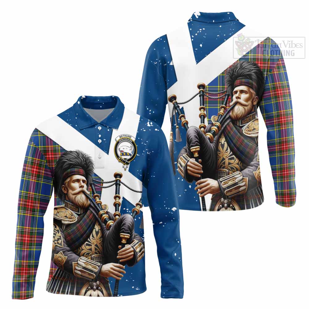 Tartan Vibes Clothing Bethune Tartan Long Sleeve Polo Shirt with Family Crest Scottish Bagpiper Vibes