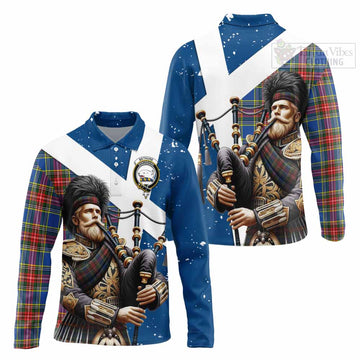 Bethune Tartan Long Sleeve Polo Shirt with Family Crest Scottish Bagpiper Vibes