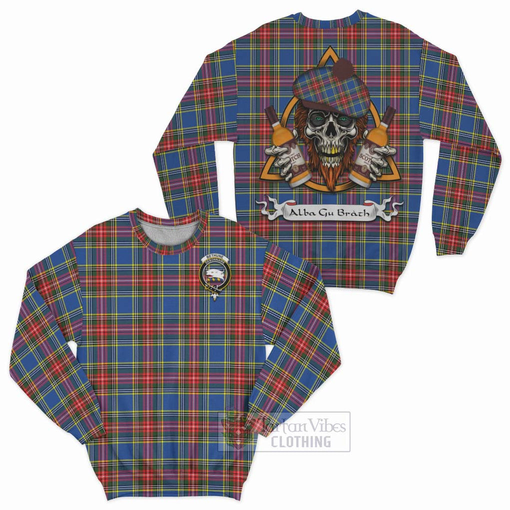 Tartan Vibes Clothing Bethune Tartan Sweatshirt with Family Crest and Bearded Skull Holding Bottles of Whiskey