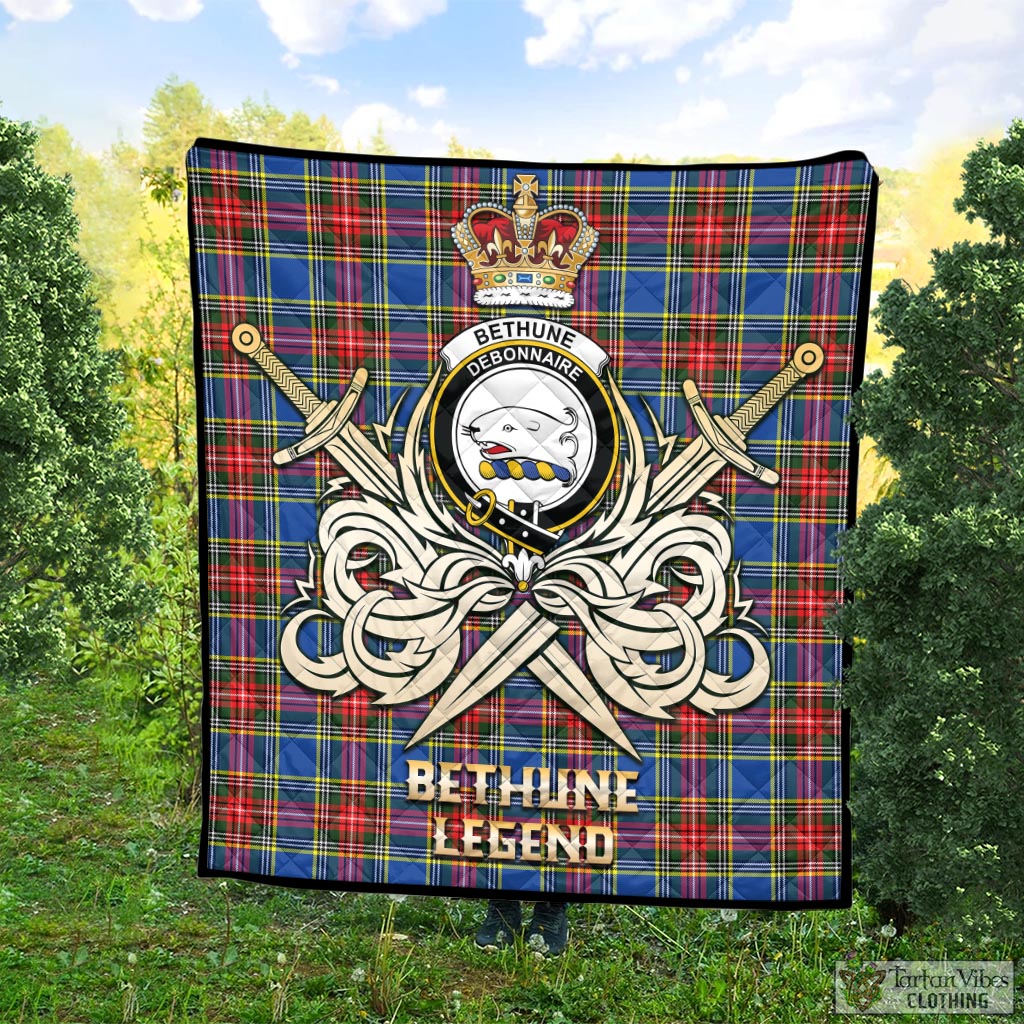 Tartan Vibes Clothing Bethune Tartan Quilt with Clan Crest and the Golden Sword of Courageous Legacy