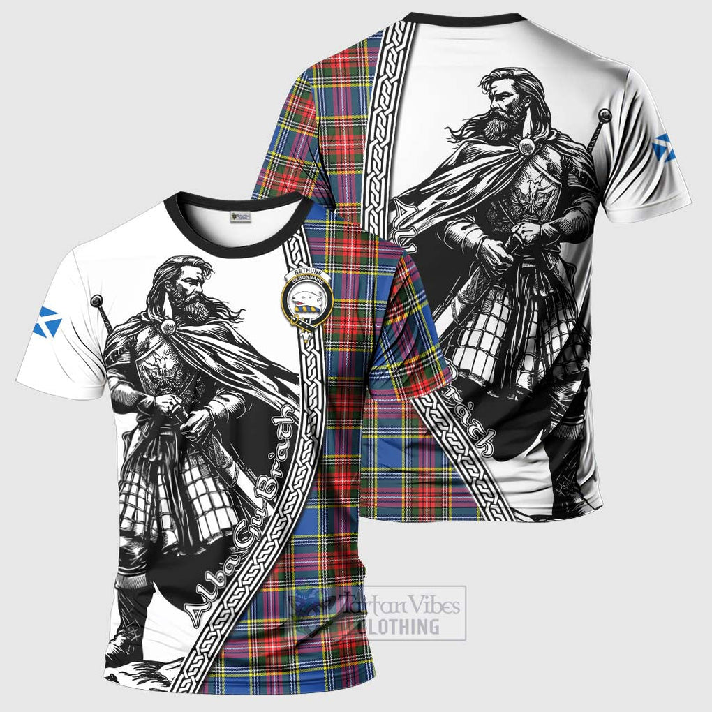 Tartan Vibes Clothing Bethune Tartan Clan Crest T-Shirt with Highlander Warrior Celtic Style