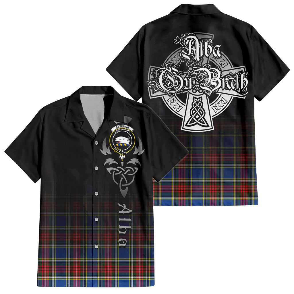 Tartan Vibes Clothing Bethune Tartan Short Sleeve Button Up Featuring Alba Gu Brath Family Crest Celtic Inspired