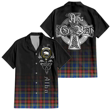 Bethune Tartan Short Sleeve Button Up Shirt Featuring Alba Gu Brath Family Crest Celtic Inspired