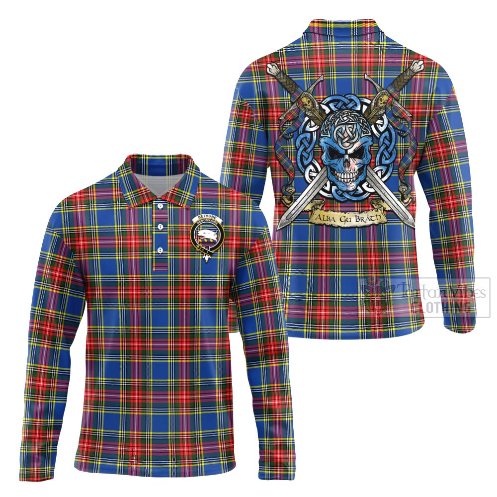 Tartan Vibes Clothing Bethune Tartan Long Sleeve Polo Shirt with Family Crest Celtic Skull Style