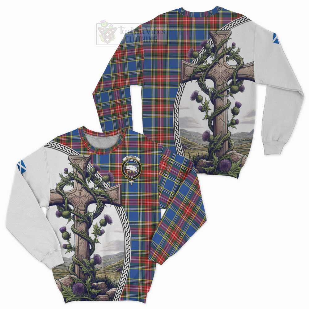 Tartan Vibes Clothing Bethune Tartan Sweatshirt with Family Crest and St. Andrew's Cross Accented by Thistle Vines