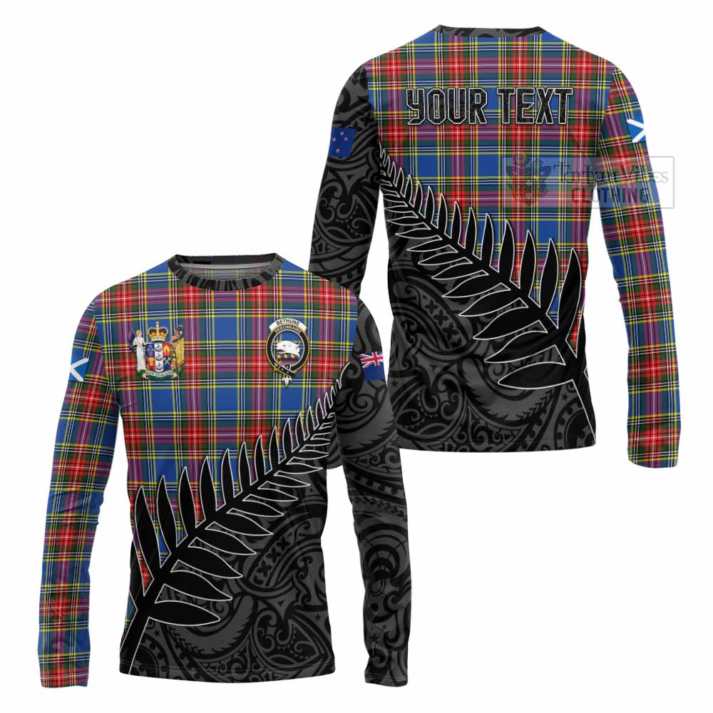 Tartan Vibes Clothing Bethune Crest Tartan Long Sleeve T-Shirt with New Zealand Silver Fern Half Style