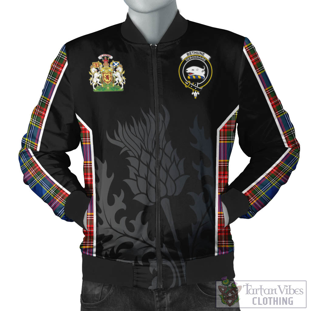 Tartan Vibes Clothing Bethune Tartan Bomber Jacket with Family Crest and Scottish Thistle Vibes Sport Style