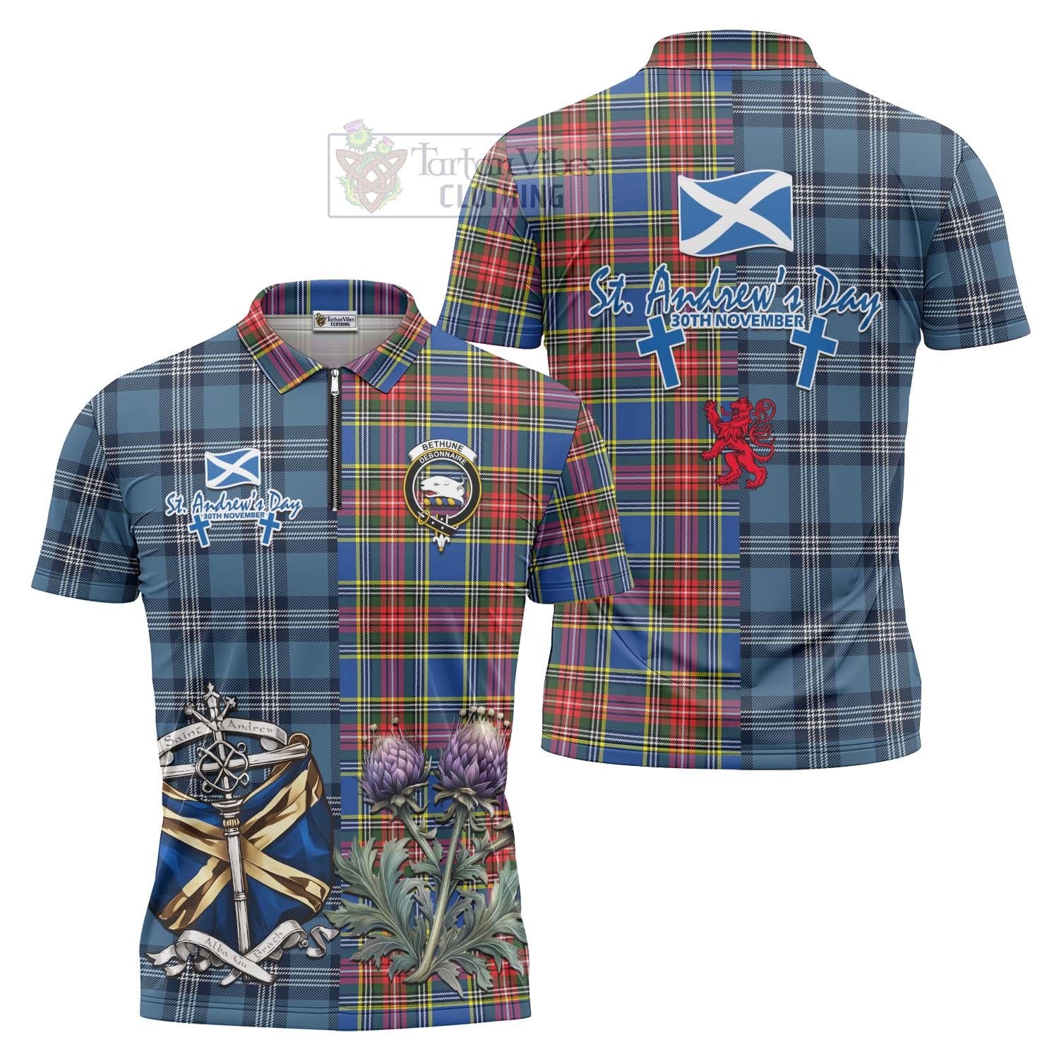 Tartan Vibes Clothing Bethune Tartan Zipper Polo Shirt Happy St. Andrew's Day Half Tartan Style