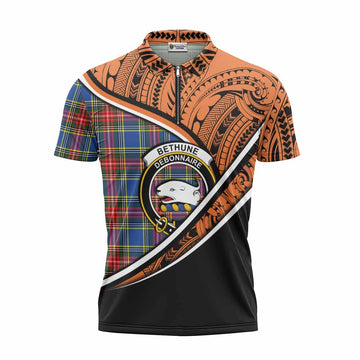 Bethune Crest Tartan Zipper Polo Shirt with Polynesian Vibes Style - Orange Version