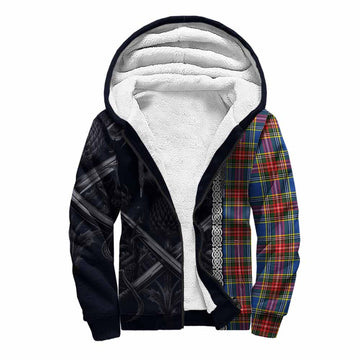 Bethune Tartan Sherpa Hoodie with Family Crest Cross Sword Thistle Celtic Vibes