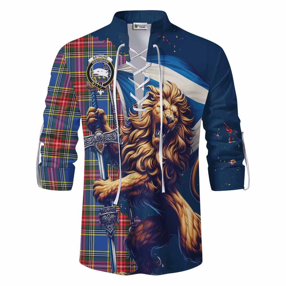 Tartan Vibes Clothing Bethune Tartan Family Crest Ghillie Kilt Shirt with Scottish Majestic Lion