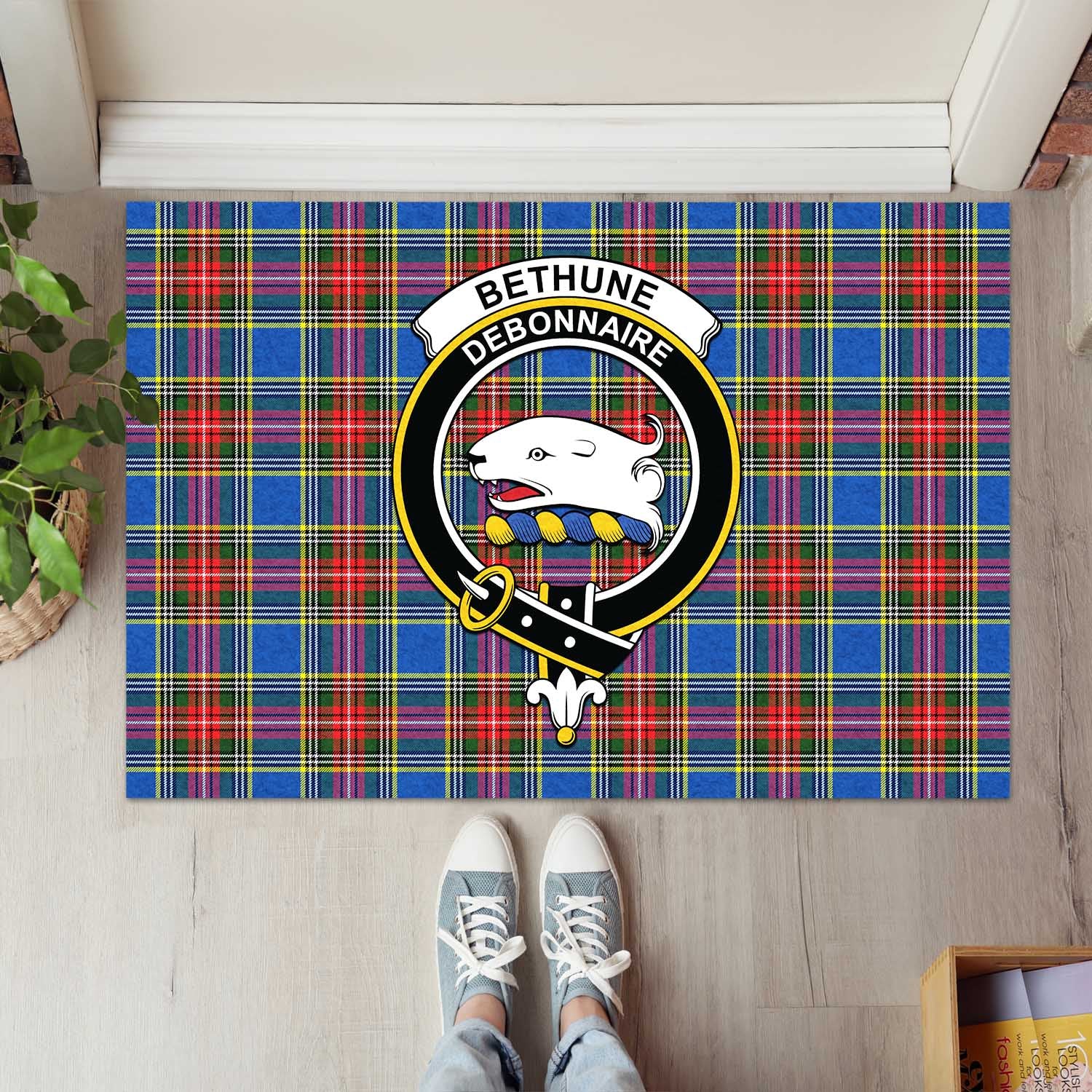 Bethune Tartan Door Mat with Family Crest - Tartanvibesclothing