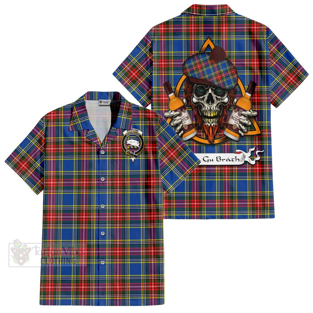 Tartan Vibes Clothing Bethune Tartan Short Sleeve Button Shirt with Family Crest and Bearded Skull Holding Bottles of Whiskey