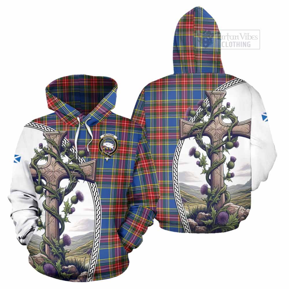 Tartan Vibes Clothing Bethune Tartan Hoodie with Family Crest and St. Andrew's Cross Accented by Thistle Vines