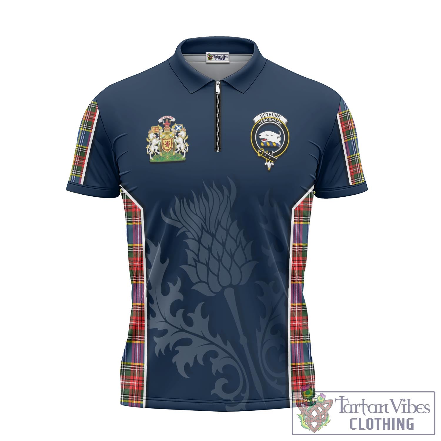 Tartan Vibes Clothing Bethune Tartan Zipper Polo Shirt with Family Crest and Scottish Thistle Vibes Sport Style