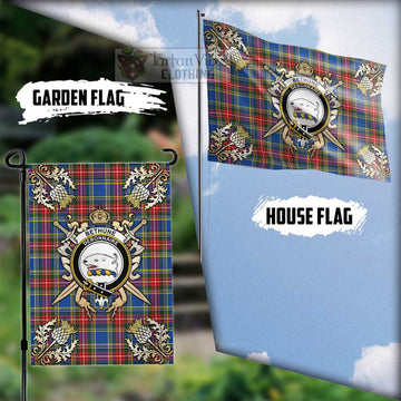 Bethune Tartan Flag with Family Crest and Golden Thistle Crossed Sword Design