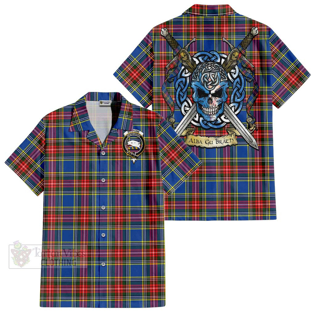 Tartan Vibes Clothing Bethune Tartan Short Sleeve Button Shirt with Family Crest Celtic Skull Style