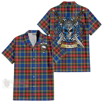 Bethune Tartan Short Sleeve Button Shirt with Family Crest Celtic Skull Style