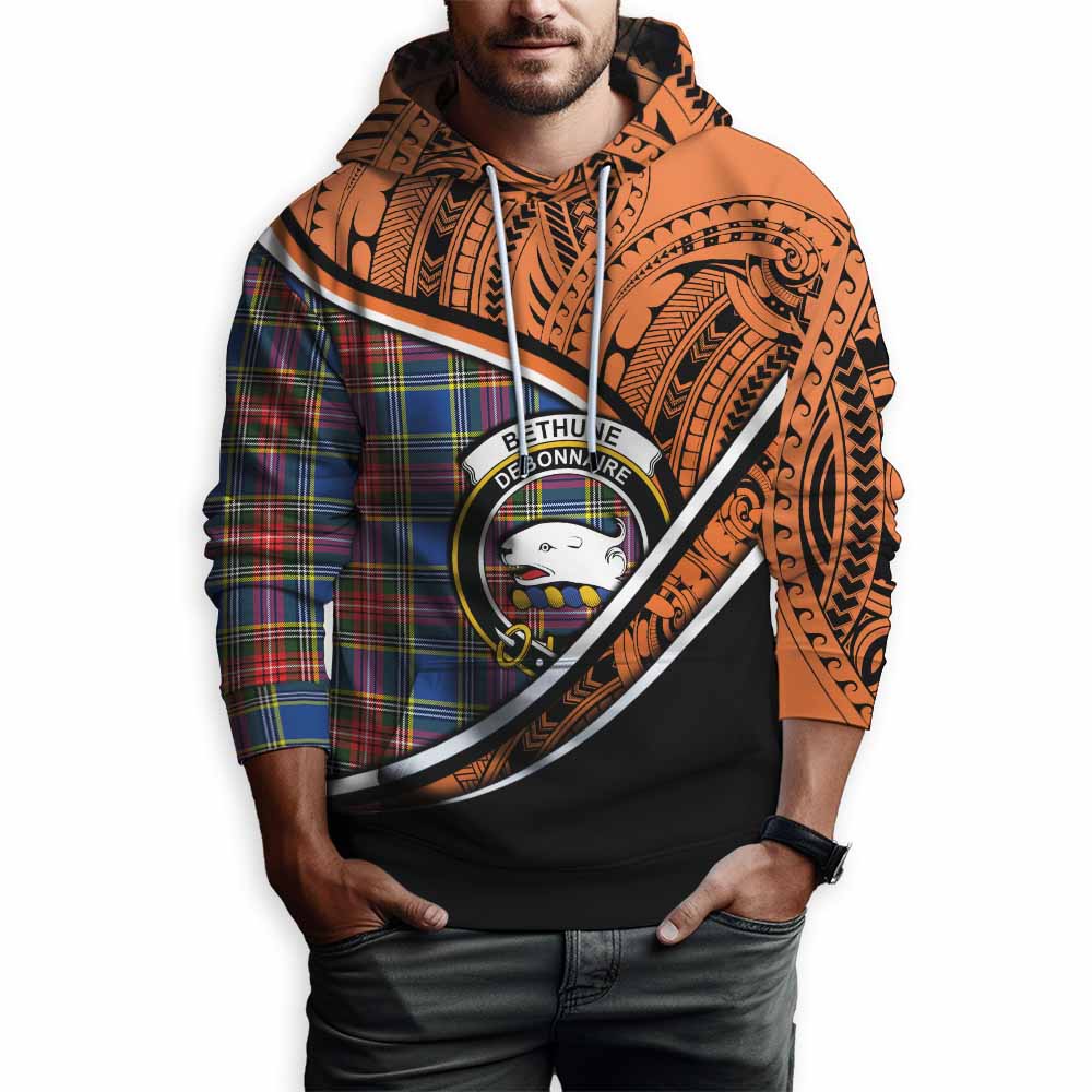 Tartan Vibes Clothing Bethune Crest Tartan Hoodie with Maori Tattoo Style - Orange Version