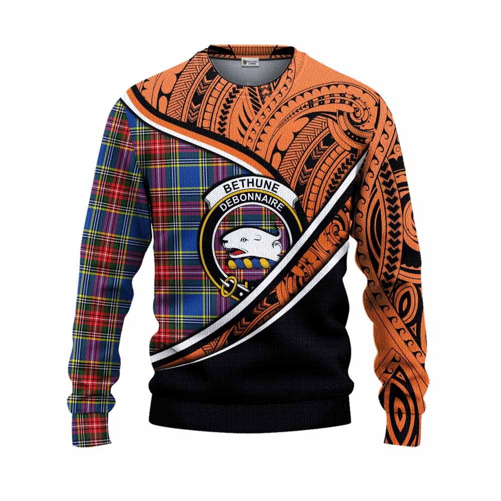 Tartan Vibes Clothing Bethune Crest Tartan Knitted Sweater with Maori Tattoo Style - Orange Version