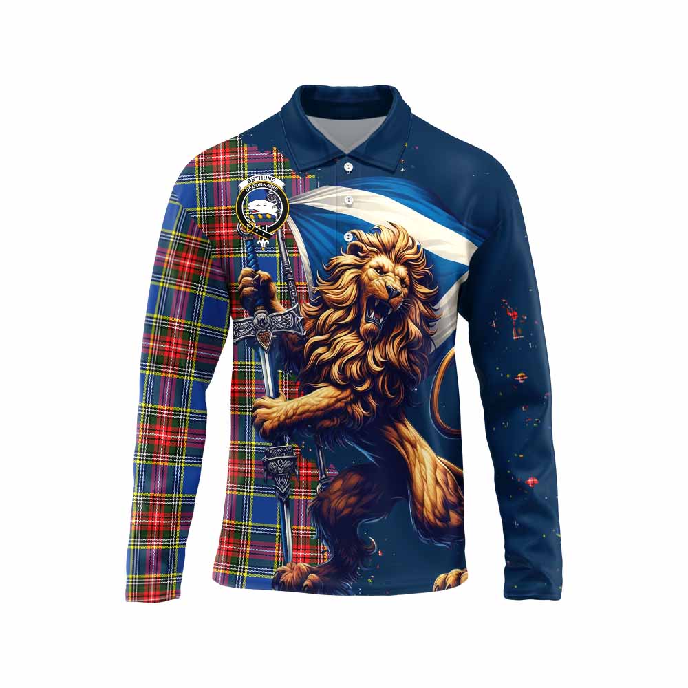 Tartan Vibes Clothing Bethune Tartan Family Crest Long Sleeve Polo Shirt with Scottish Majestic Lion