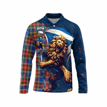 Bethune Tartan Family Crest Long Sleeve Polo Shirt with Scottish Majestic Lion