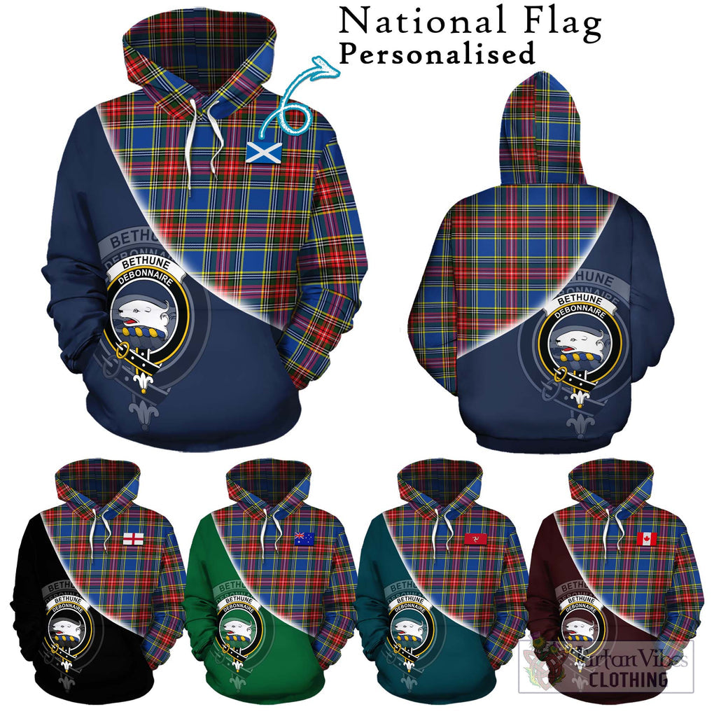 Bethune Tartan Hoodie with Personalised National Flag and Family Crest Half Style Zip Hoodie - Tartanvibesclothing Shop