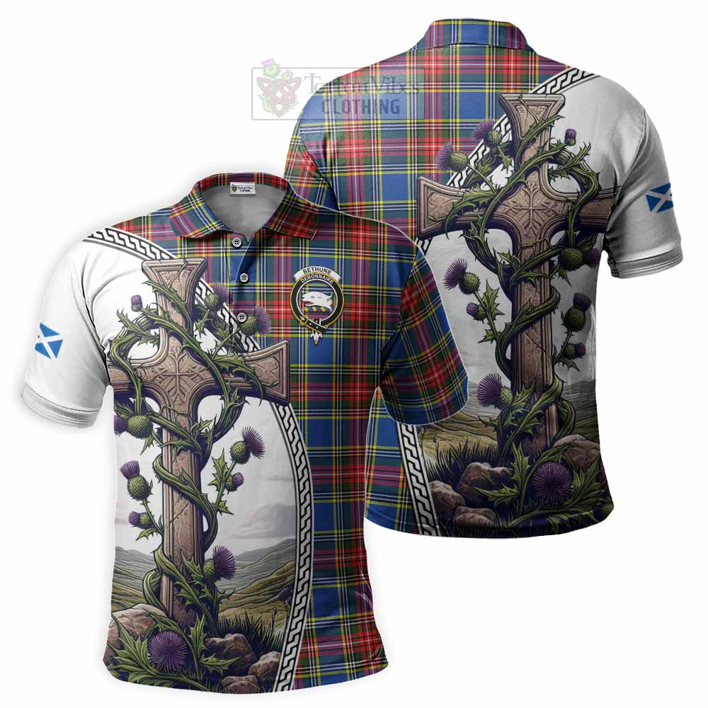 Tartan Vibes Clothing Bethune Tartan Polo Shirt with Family Crest and St. Andrew's Cross Accented by Thistle Vines