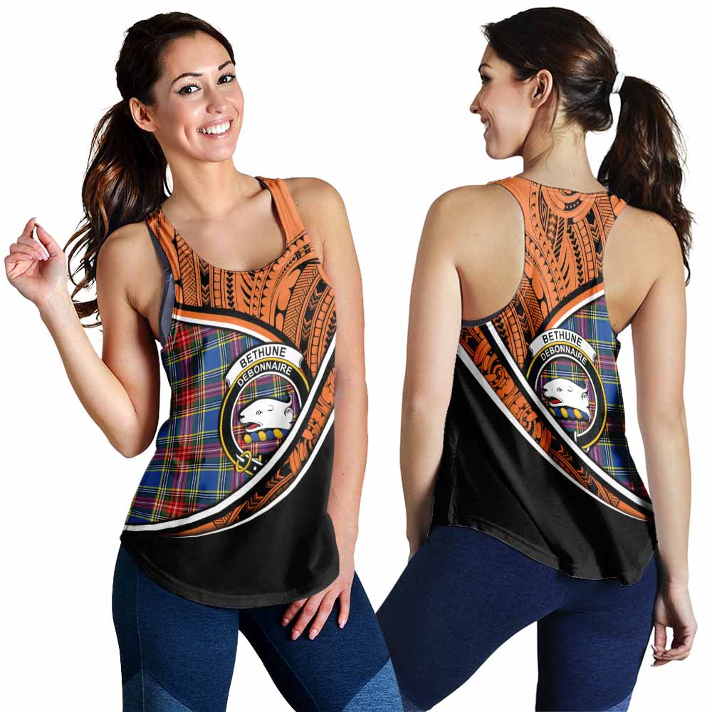 Tartan Vibes Clothing Bethune Crest Tartan Women's Racerback Tanks with Maori Tattoo Style - Orange Version