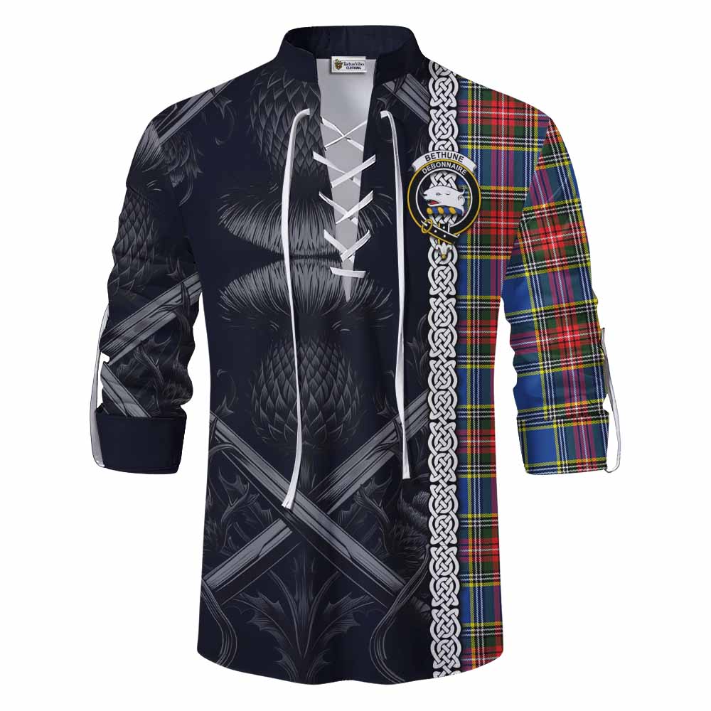 Tartan Vibes Clothing Bethune Tartan Ghillie Kilt Shirt with Family Crest Cross Sword Thistle Celtic Vibes