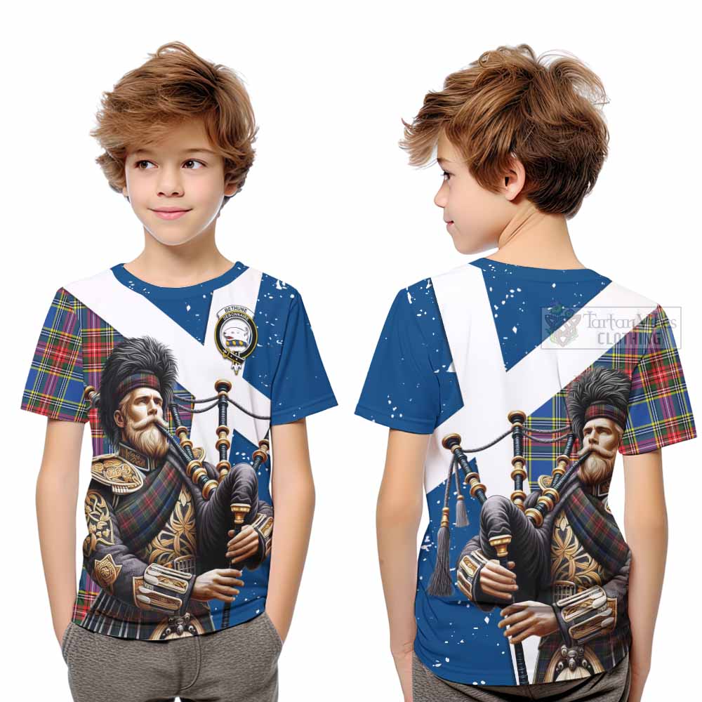 Tartan Vibes Clothing Bethune Tartan Kid T-Shirt with Family Crest Scottish Bagpiper Vibes