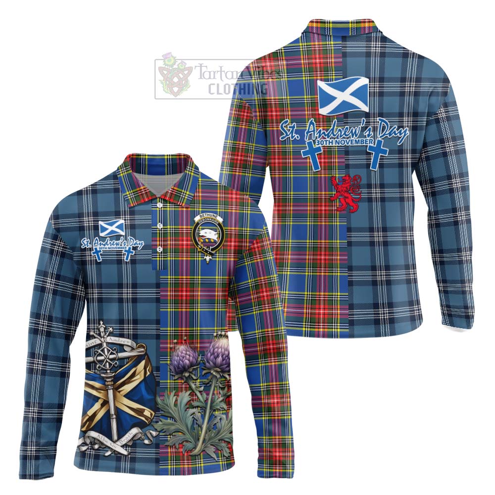 Tartan Vibes Clothing Bethune Tartan Long Sleeve Polo Shirt Happy St. Andrew's Day Half Tartan Style