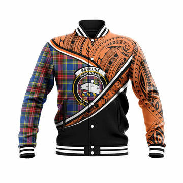 Bethune Crest Tartan Baseball Jacket with Polynesian Vibes Style - Orange Version