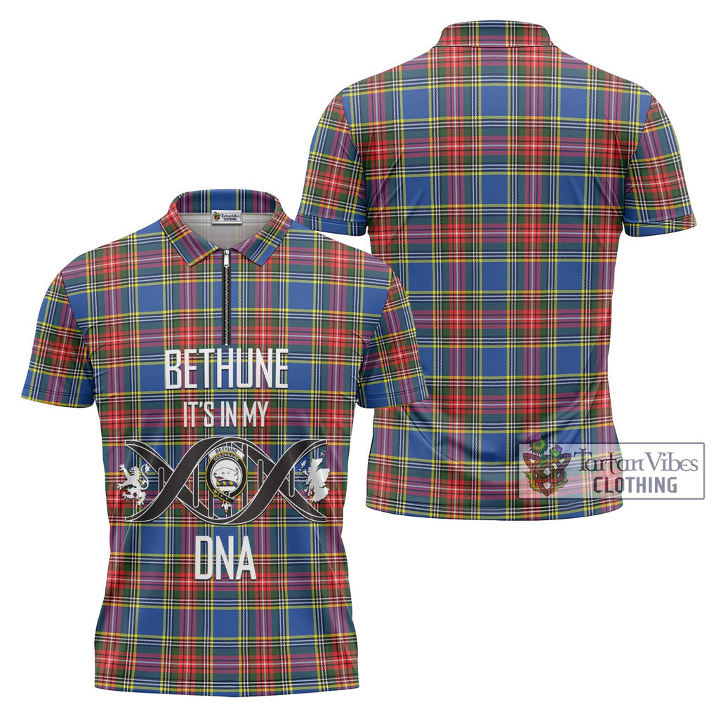 Bethune Tartan Zipper Polo Shirt with Family Crest DNA In Me Style Unisex - Tartanvibesclothing Shop