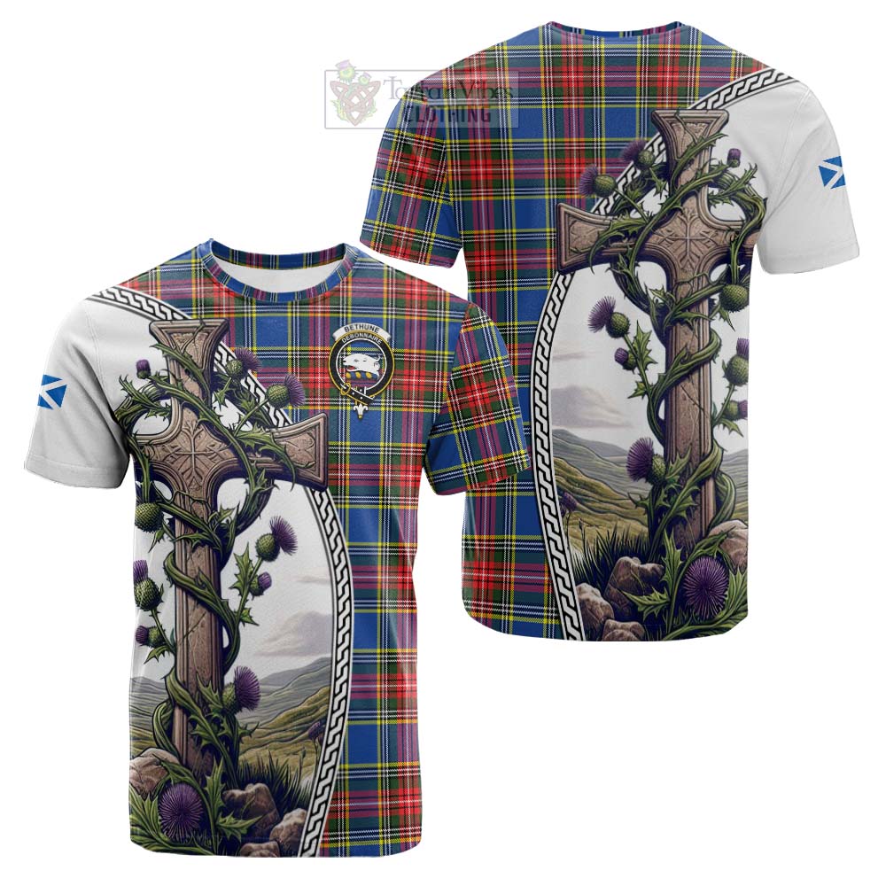 Tartan Vibes Clothing Bethune Tartan Cotton T-shirt with Family Crest and St. Andrew's Cross Accented by Thistle Vines