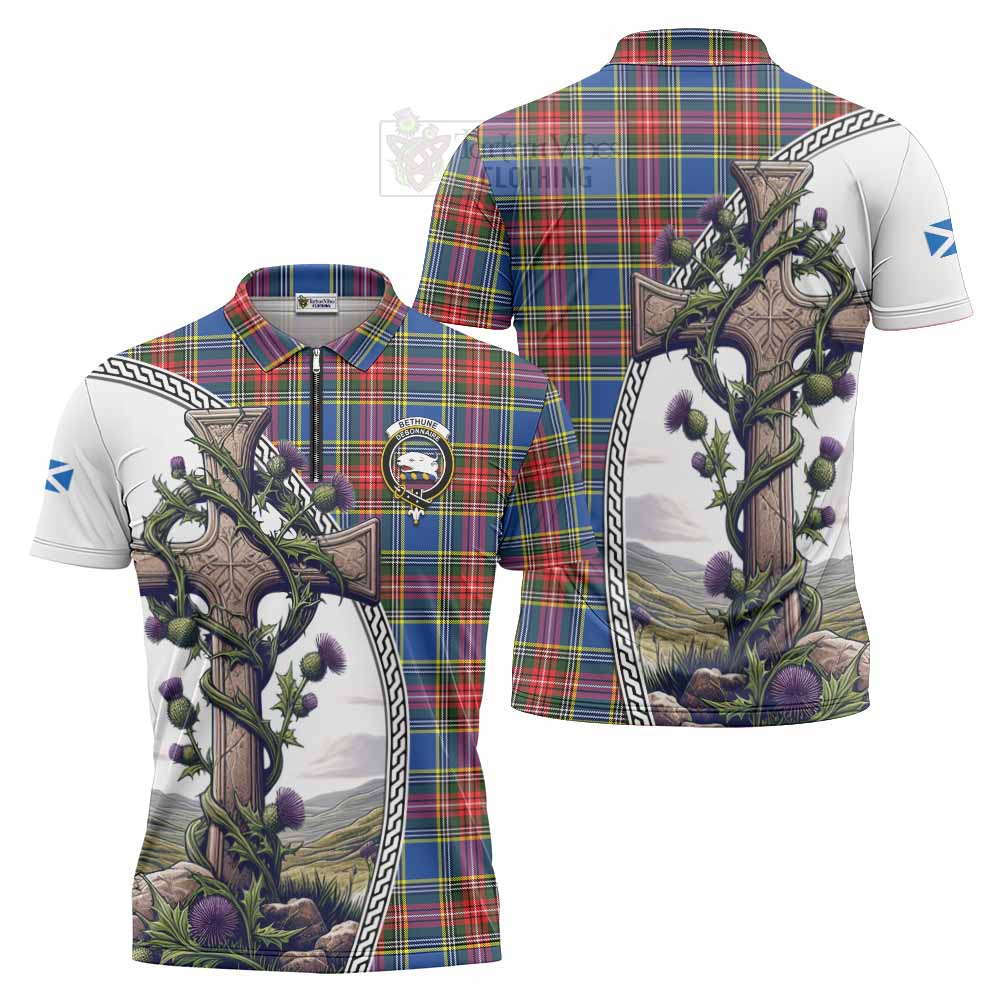 Tartan Vibes Clothing Bethune Tartan Zipper Polo Shirt with Family Crest and St. Andrew's Cross Accented by Thistle Vines